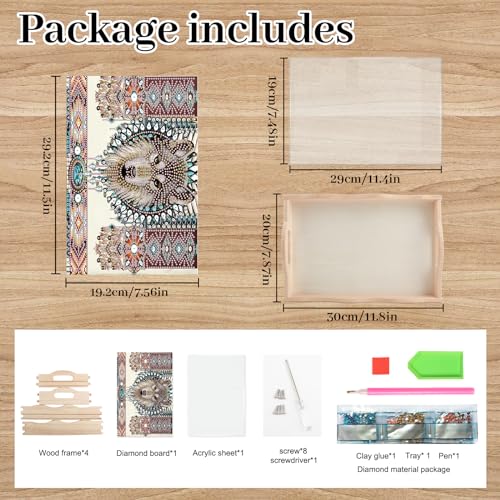 Image of DIY Diamond Art Tray with Handle Diamond Art Painting Plate Creative Design Handmade Wooden Tray Mosaic Making Kits by Number Kits Diamond Art for Coffee Living Room Home Organizer (Dreamcatcher Wolf)