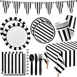 Black and White Striped Party Supplies, Black and White Party Decoration with Dinner Plates Napkins Tablecloth Cups Flags for Birthday Wedding Baby Shower Graduation
