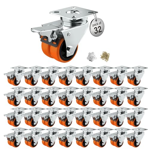 Image of Caster Wheels, 2inch Casters Set of 32 Heavy Duty, Two-Wheeled Orange TPE Casters with Brake, Double-Wheeled Swivel Plate Locking Castor Wheels Widely Used in All Kinds of Furniture.(32 Pack)
