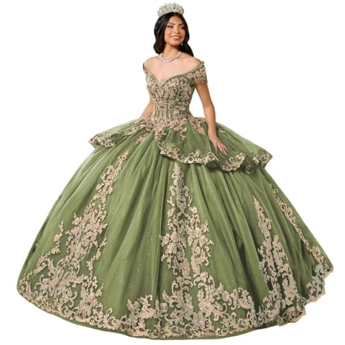 Glitter Tulle Quinceanera Dress with Train Luxury Tassel Sweet 15 16 Dress with Detachable Bow Gold Beaded Ball Gown