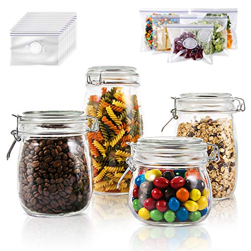 Masthome 4 Piezas Recipientes de Almacenamiento de Alimentos con Tapas,Tarros de Cristal Herméticos,Botes de Cristal Transparente,sin BPA,para Pasta,Conservas,Especias,Azúcares,Café, Alimentos