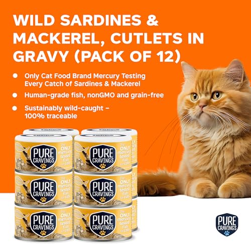 Image of Pure Cravings Wet Cat Food Canned Mackerel and Sardine Cutlets in Gravy, Every Catch is Mercury Tested, Moist Can Fish for Cats, Grain-Free, Protein, Non-GMO, Pack of 12