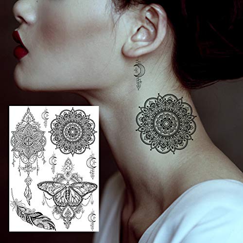 6 Sheets Fanrui Indian Tribal Black Temporary Tattoos For Women, Large Waterproof Lace Lotus Tattoos Mandala Flower Fake Jewelry Pendant, Butterfly Sleeve Tattoo For Adults Stickers Kit Wedding Dreamcatcher Feather #TOP4