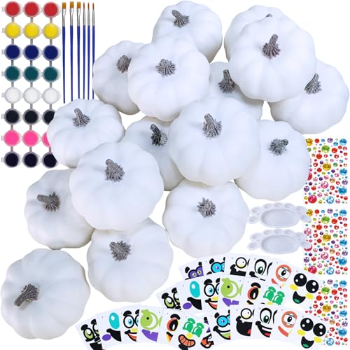 Winlyn 16 Sets 3' DIY Fall Pumpkin Painting Kits Paint Your Own Pumpkins White Foam Craft Pumpkins with Jack-O-Lantern Face Stickers for Classroom Thanksgiving Halloween Decor Holiday Party Activities
