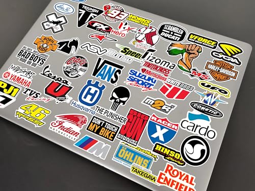 Image of WallDesign Ultimate Motorcycle Racing Stickers (Collection of 54) - Glossy Laminated Vinyl Decals - Scratchproof & Weatherproof Self-Adhesive Graphics for Helmets, Laptops, Bikes & Gifting, 2.5 Inch