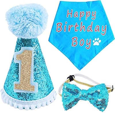 BIPY Dog 1st Birthday Hat Bandana Bowtie for Girls Boys Small Medium Dogs Cats Costumes Headwear