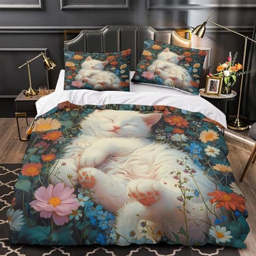 Housse de couette chat imprimé parure lit 140x200 microfibre