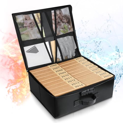 Fireproof Photo Storage Box with Lock,18 Inner 5\" x 7\" Acid-free Photo Cases,Collapsible Photo Organizer with Handle for Picture,Stickers,Stamps,Seeds