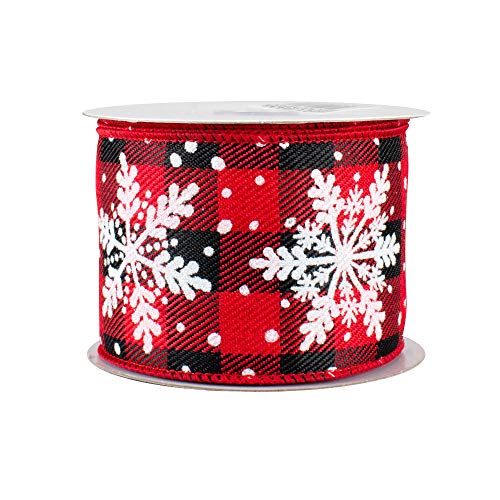 Image of Buffalo Plaid Snowflakes Wired Ribbon - 2 1 /2 inch x 10 Yards, Red & Black Checks, Christmas Tree Ribbon, Farmhouse, Wreath, Swag, Garland, Gifts, Wrapping, Bows, Fundraiser, Classroom, Office