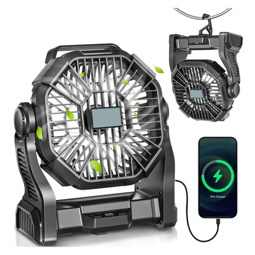 AEscod Portable Camping Fan, Rechargeable Battery Operated with LED Lights, Hanging Hook, 270°Rotation, 20000mAh Battery Powered Fan for Beach, Office, Picnic, Fishing, Travel, Tent