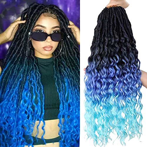 6 Pack Faux Locs Crochet Hair Soft Goddess Locs Crochet Braids 24 Inch Deep Wave Locs Crochet Hair Extensions(24 Inch, 1B/Dark blue/light blue)