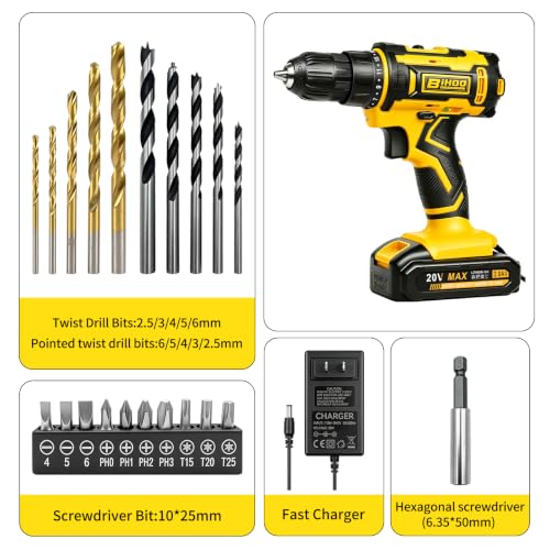 Image of 20V Cordless Drill with Battery and Charger, 3 /8'' chuck, Yellow