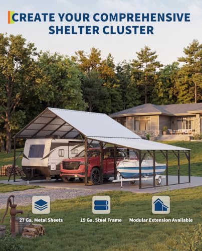 Image of Garvee 12x20x9 ft Lean-to Metal Carport, Wall-Mounted Car Port | Vertical Roof with 11.5 Slope / Heavy-Duty 19-Ga. Steel Frame / 107 inch to 78 inch Height Clearance for SUV & Pickup