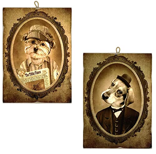 KUSTOM ART Juego de 2 cuadros a cuadros de estilo vintage, serie de animales aristocráticos (perro aristocrático y perro con libro) impresión sobre madera 10 x 15 cm