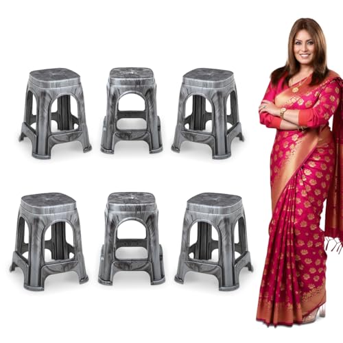 Image of MAHARAJA Strong & Durable Stool | Modern Beige Polypropylene Stackable Stool | Set of 6, Pre-Assembled (Silver, Pack of 6)