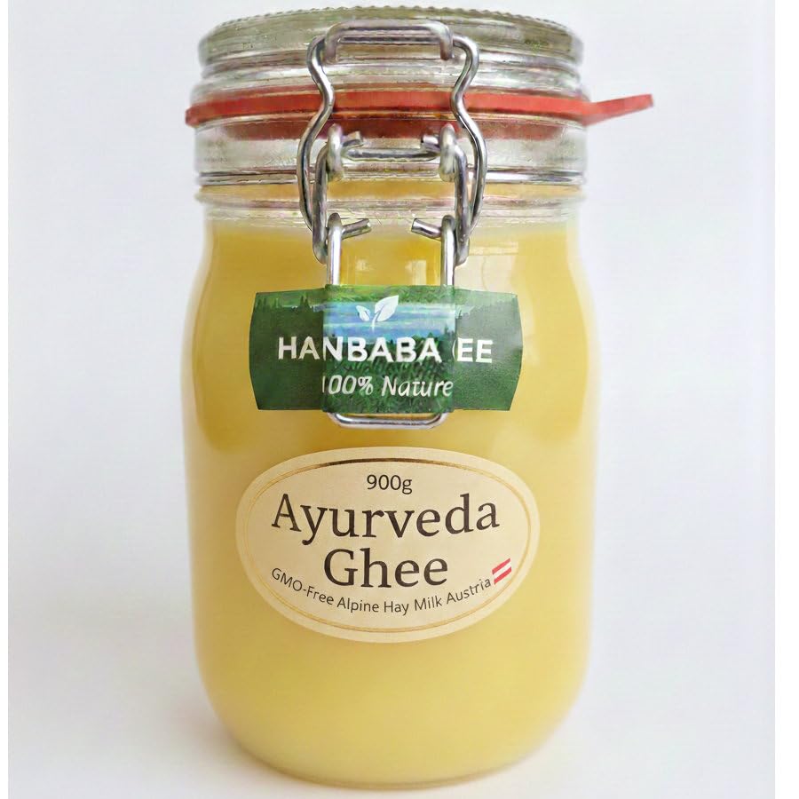 Hasanbaba Ayurveda Ghee Premium Butterschmalz aus 5-fach Gold-prämierter Heumilch butter 100% Handgemacht & Handabgefüllt im umweltfreundlichen Bügelglas Laktosefrei (900 g Sennerei Langenegg)