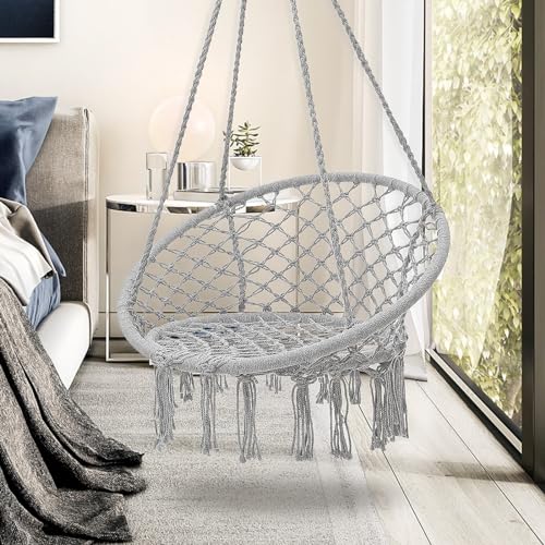 Image of Garpans Hammock Chair Macrame Swing Bohemian Style Hammock Swing Chair with Tassels Hanging Swing Chair Handmade Knitted Cotton Rope for Indoor Outdoor Bedroom Patio Max 330 Lbs Grey