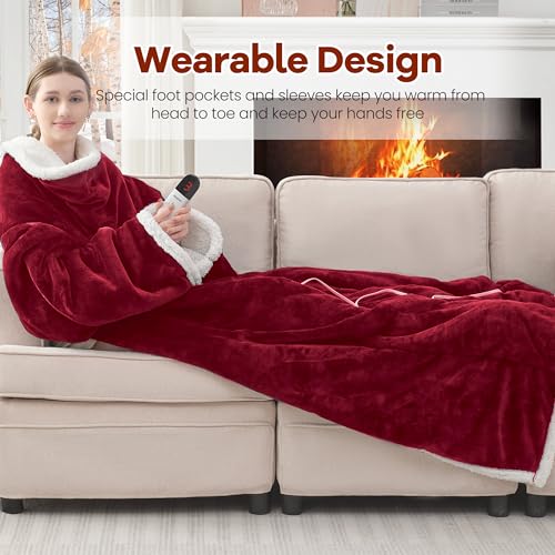 Heated Blanket Wearable Electric Blanket with Foot Pocket and Sleeves, Heating Throw Blanket, Electric Snuggle Blankets, 6 Heating Levels Setting & 4 Hours Auto Shut Off, Machine Washable (Long, Wine)