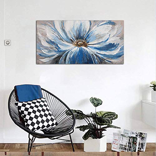 Image of Flower Canvas Wall Art for Living Room Large White Blue Flower Picture Giclee Print Painting Wall Decor Framed Artwork Ready to Hang for Home Bedroom Wall Decoration Size 24x48