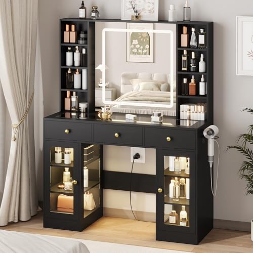 Image of Black Vanity Desk with Mirror and Lights, Glass Top Vanity with Lighted Mirror & RGB Cabinet and 3 Drawers, Dressing Table with 8 Shelves, Makeup Desk with Lights for Girls Bedroom, 3 Color Modes