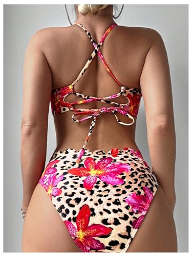 MakeMeChic Women's 2 Piece Bikini Sets Floral Cheetah Print Halter Criss Cross High Waist Swimsuit3