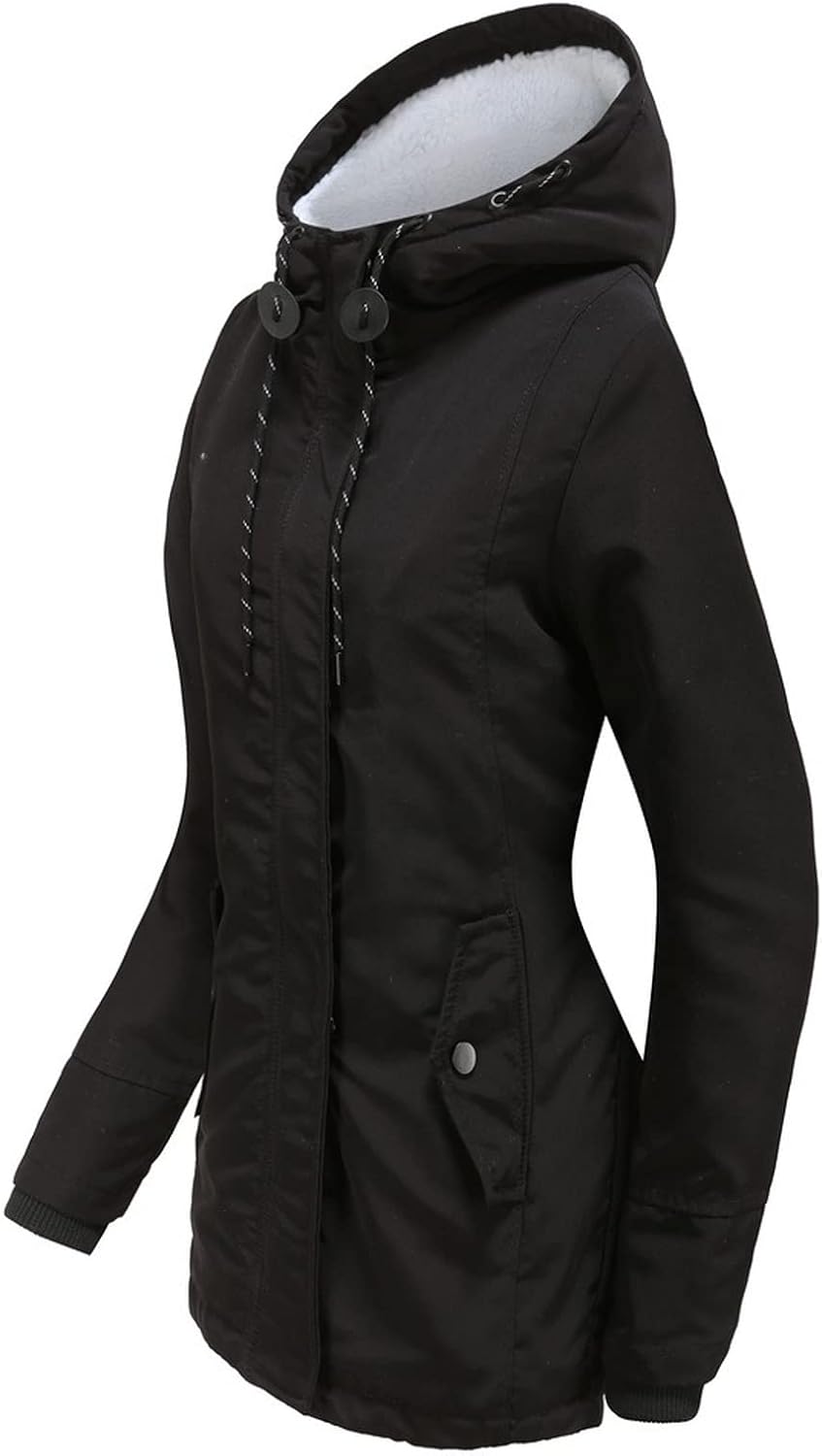 Women Winter Fleece Lined Jacket Hooded Thicken Warm Parka Padded Short Down Coat with Pocket Sherpa Cotton Outerwear