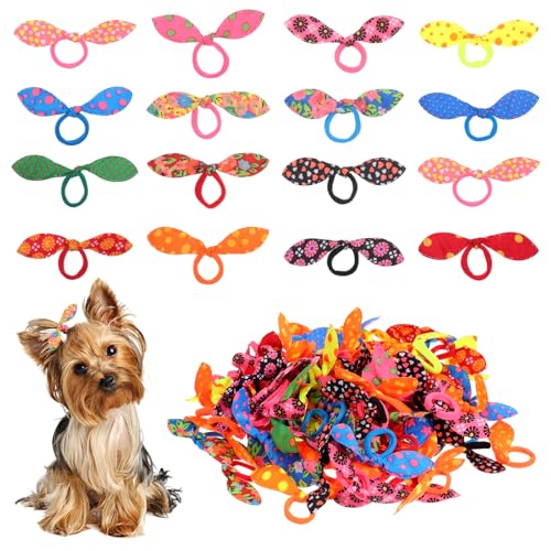 Viliqiou 100PCS Dog Hair Ties for Small Dogs Puppy Hair Bows Bands Colorful Rabbit Ear Dog Hairs Accessories Set with Elastic Bands for Pet Grooming and Styling