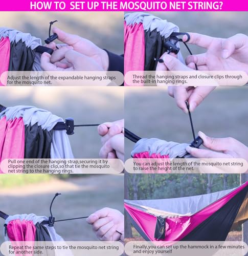 Image of Camping Hammock, Portable Hammocks with Mosquito Net,Lightweight Nylon Parachute Hammock with 10ft Tree Straps,Camping Gear Must Haves for Travel Hiking Backpacking Beach Patio-Black&Pink