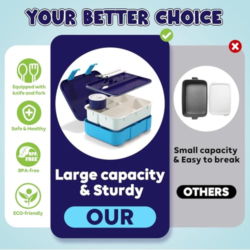 Lehoo Castle Kids Bento Lunch Box, 5 Compartments Lunchbox,1.25L Lunch Containers with Sauce Jar & Spoon & Fork for Boys Girls School, Leakproof, BPA-Free(Dinosaur)