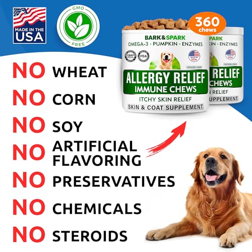 Image of BARK&SPARK Dog Allergy Relief Soft Chews for Skin Health & Seasonal Allergies - Anti-Itch Supplement w /Omega-3, Quercetin & Bromelain Immune Treats for Dry Skin & Hot Spots - Chicken Liver - 360ct