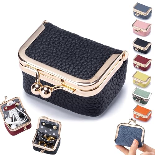 Genuine Leather Mini Jewelry Box Portable Vintage-Inspired Genuine Leather Coin Purse Jewelry Case with Kiss Lock Mini Travel Ring Box for Women for Earring/Ring/Necklace/Bracelet(Black)