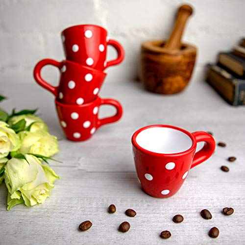 City to Cottage® Cerámica en Rojo y Blanco | Diseño de Lunares | Hecha y Pintada a Mano | Cerámica Esmaltada 2oz/60ml | Set de 4 Tazas de Café Espresso | Regalo - Imagen 6