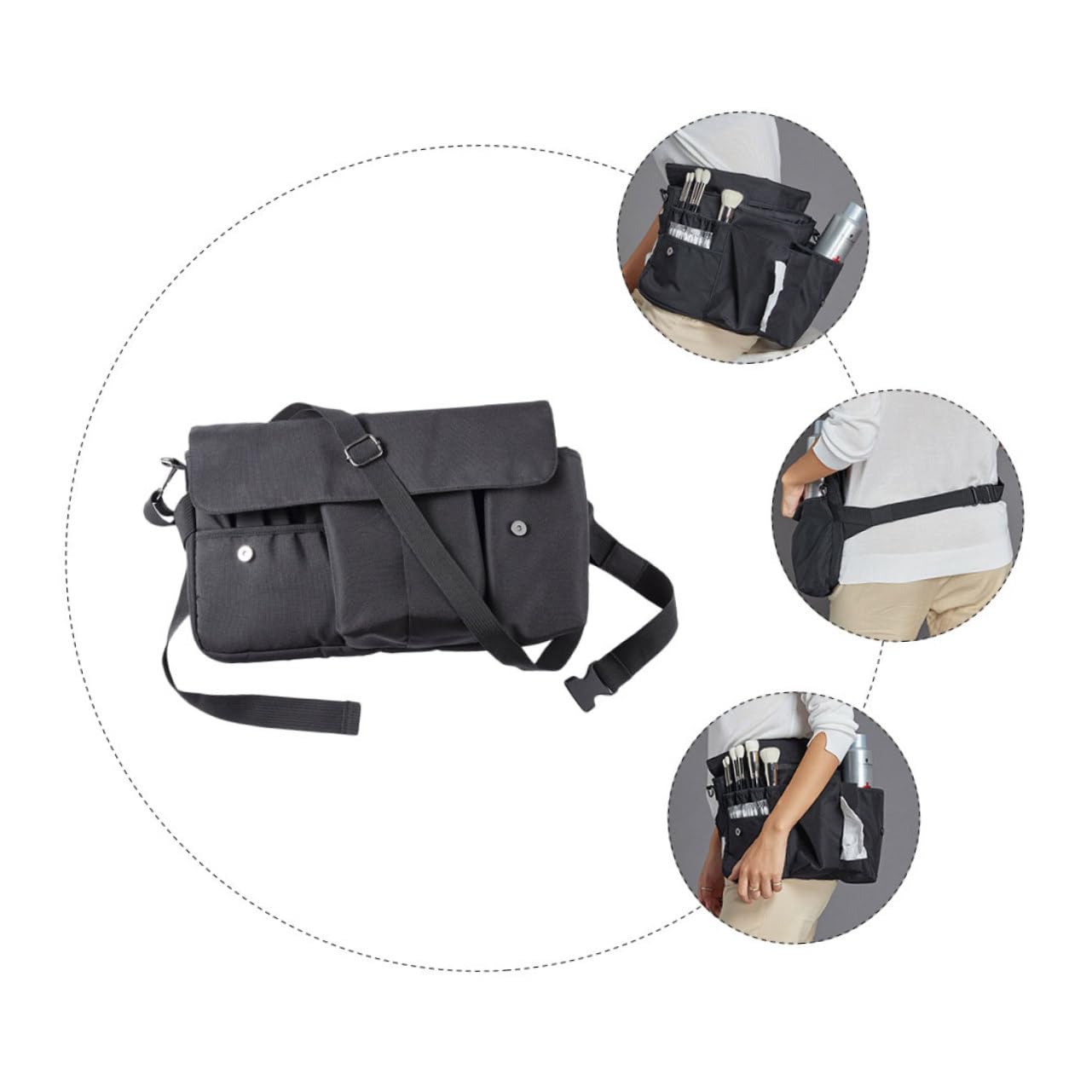 Borsa Porta Trucchi da Viaggio in Tela Nera, Custodia per Pennelli Make Up Portatile Cinturino, Facile da Aprire e Chiudere