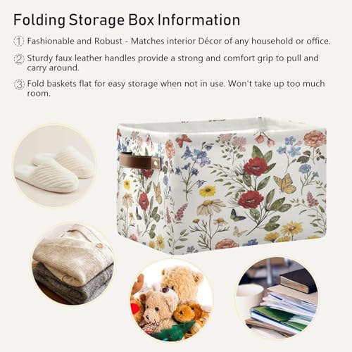 Image of Vintage Floral Storage Basket Bin for Shelves Closet Butterfly Rose Foldable Fabric Storage Box Cube with Handles Kids Gift Toy Shelf Basket Organizer for Bedroom Nursery Home Decor