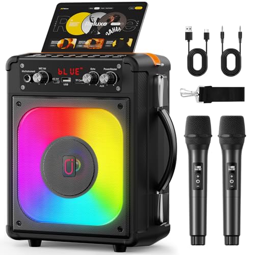 HWWR Karaoke Machine, Portable Bluetooth Speaker with 2 Wireless Microphones for Adults & Kids,Singing Machine for Parties and Gatherings, PA System Supports TWS/USB/TF/REC/AUX and TV Connected