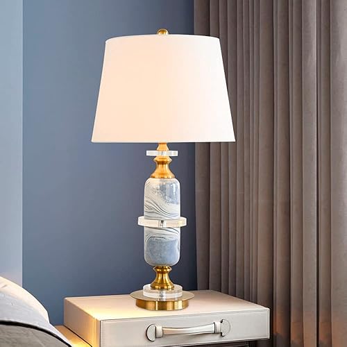 Miniatura 4 de Lámpara de mesa de cerámica esmaltada Lámpara de noche para dormitorio con pantalla de tela Lámpara de escritorio de mármol azul para sala de estar,