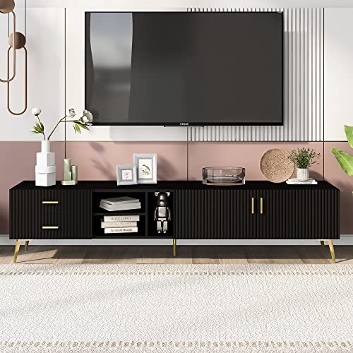 Lumisol Modern Tv Stand With Cabinets And Drawers, Entertainment Center With Storage Shelves For Tvs Up To 77", Wood Tv Console Media Cabinet With Champagne Legs For Living Room (Black) #TOP1