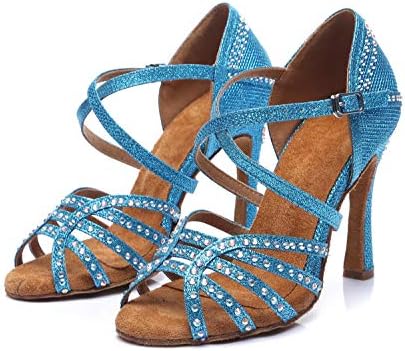 Minishion Women's Rhinestone Dance Shoes Ankle Strap Latin Salsa Dancing Heels, L419 Blue 10cm Heel, 7 — view 5