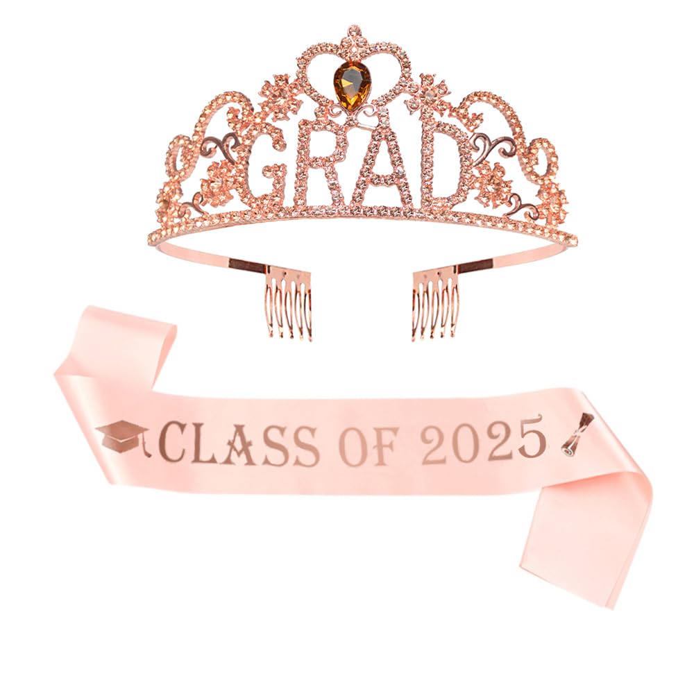 2025 Graduation Party Supplies Rose Gold Graduation Grad Crown Tiara Class Of 2025 Stain Sash for Graduation Party Favors