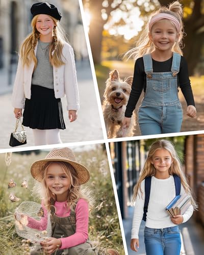 Image of 4 Pack Girls Long Sleeve Shirts Ribbed Knit Cotton Crewneck Tops Slim Fit Soft Casual Kids Base Layer Undershirts