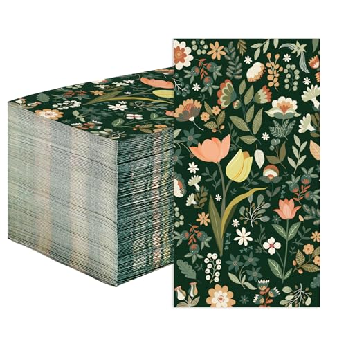 100Pcs Vintage Floral Decor Paper Napkins 3 Ply Boho Chic Decor Paper Disposable Absorbent Hand Towels Dark Green Floral Napkins for Rustic Garden Retro Outdoor Picnic Luncheon Dinner Party Supplies