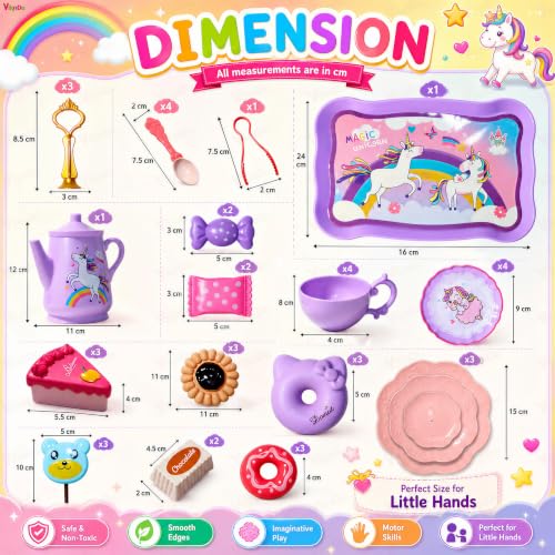 Image of Vikrida 48Pcs Tea Set, Kids Pretend Toy Tea Set and Carrying Case,Rainbow Magic Unicorn Design for Girls Princess Boys 3-6