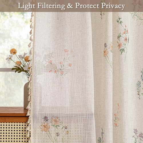 Image of MYSKY HOME Floral Boho Semi Sheer Linen Blend Farmhouse Curtains 84 Inches Long 2 Panels Set Spring Flower Printed Drapes with Tassels Back Tab Rod Pocket for Living Room Bedroom, 50 inch Wide, Pink