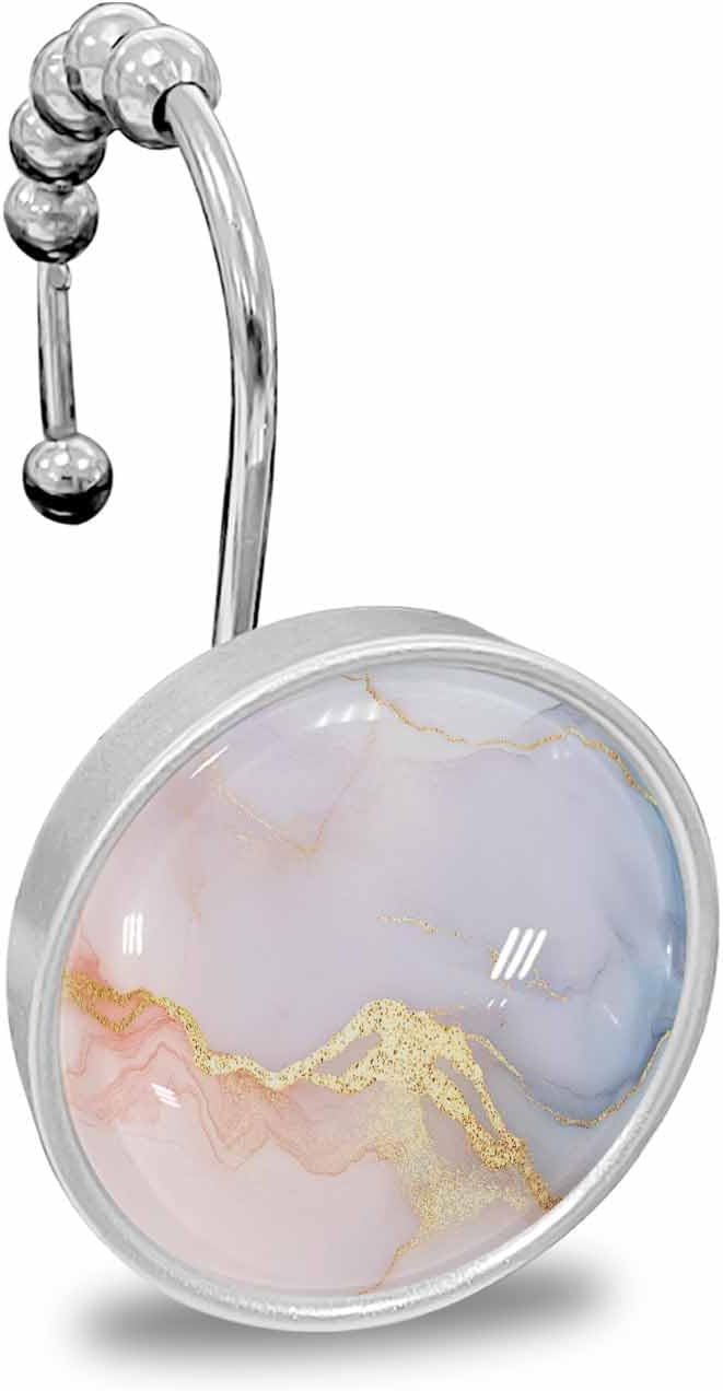 Shower Curtain Hooks 12 Pcs Gold Striped Marble Blue Pink Gradient Stripes Stainless Steel Rust Proof Rolling Shower Curtain Rings, Decorative Shower Curtain Hooks Hangers for Bathroom