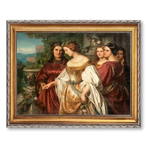 Vintage Framed Renaissance garden scene Wall Art Canvas Print Oil Paintings Reproduction World Classics Retro Elegant Painting Poster Wall Decor for Living Room (Retro Framed,12L X16W)