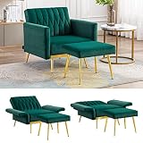 TTGIEET Velvet Accent Chair with Ottoman Modern Upholstered Tufted Armchair, Comfy Single Sofa Chair