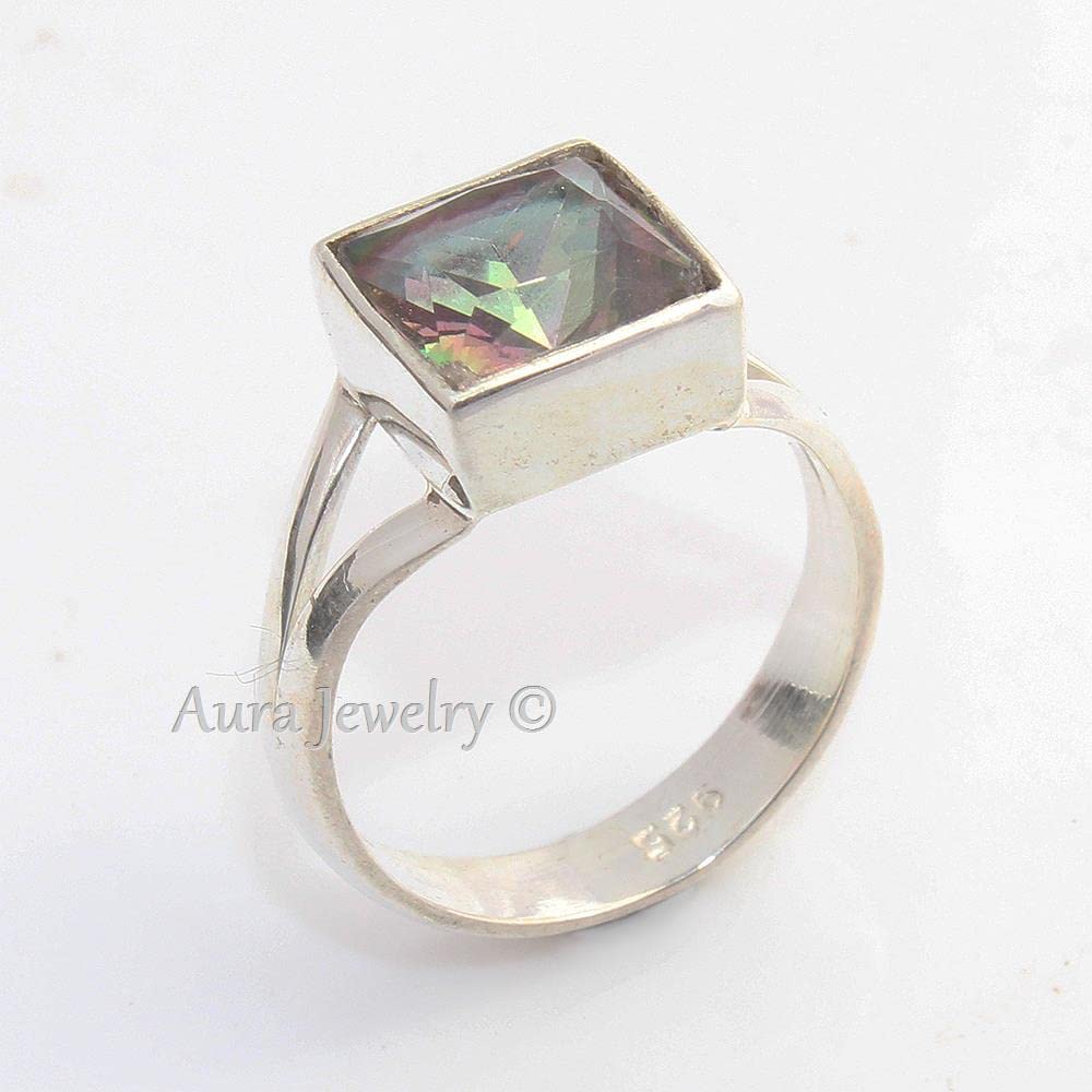 Anillo de plata esterlina fina para mujer Anillo de topacio místico natural Anillo de compromiso de plata esterlina Conjunto de bisel Anillo de piedras preciosas