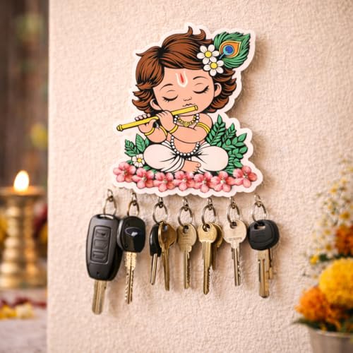 Image of CraftVatika Baby Krishna Wooden Key Holder for Home Decor Items, Key Hanger Wall Mounted Decoration Handicraft Key Chain Stand Wood Keys Organizer 7 Hooks Decorative Items for Home Decor