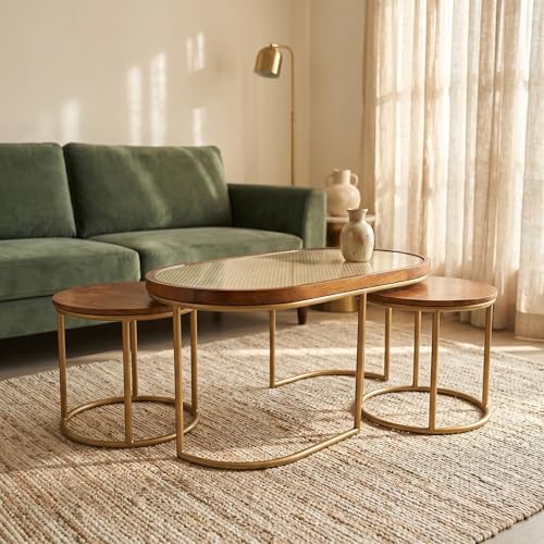 Image of TableTales Rattan Coffee Table Handcrafted Nesting Coffee Table Set | Oval Centre Table with 2 Round Side Tables | Solid Mango Wood & Natural Rattan Cane | Honey Finish (Gold)