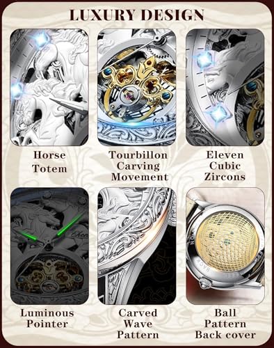FORSINING Men's Gold Luxury Tourbillon Watch Tiger Carved Moon silver - Image 7
